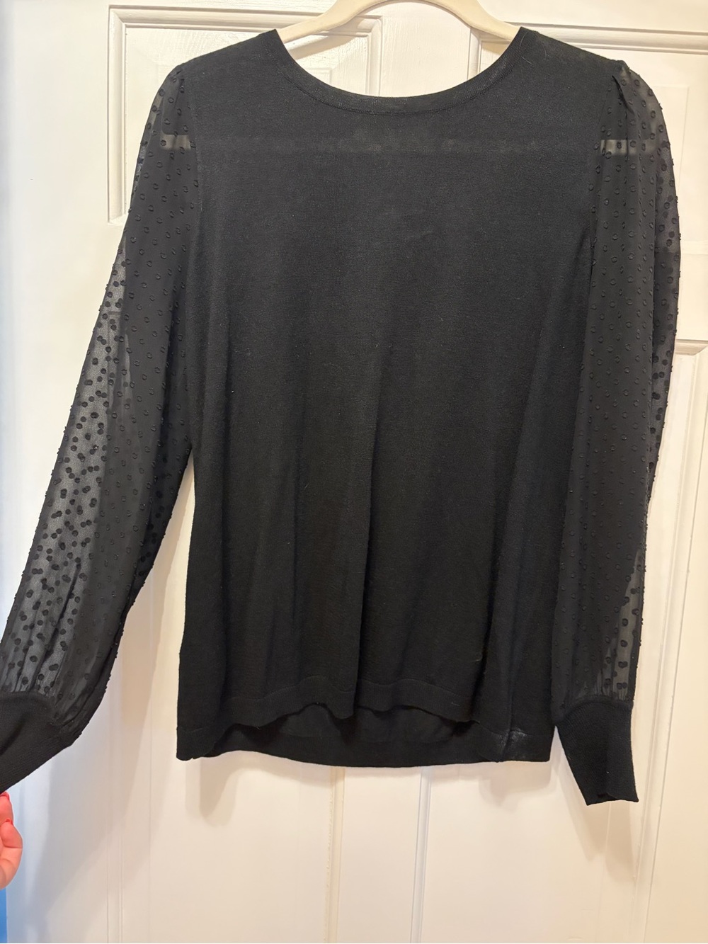 LOFT Black Sheer Dot Puff-Sleeve Crewneck Sweater